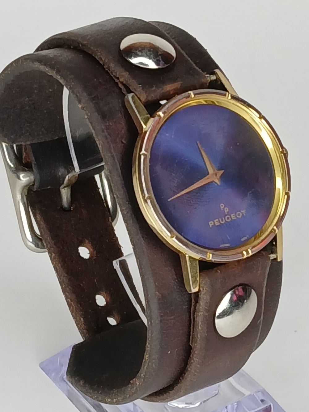Peugeot Blue Dial Gold Tone Watch Brown Studded Cuff Leather Strap Band